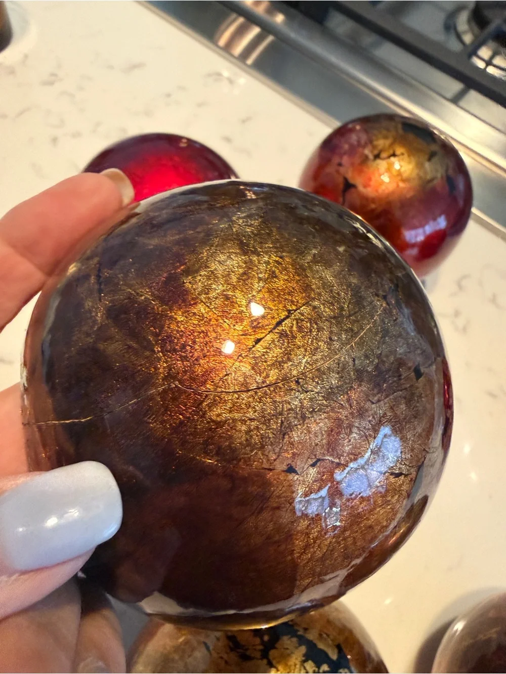 Set of 7 Red Gold Mercury Glass Decorative Orbs Spheres 4” Holiday Decor